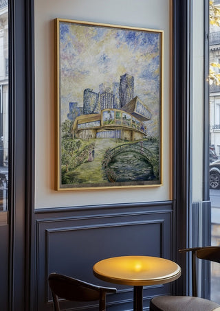 Modern Monet by Ramona’s art in an oak frame on a panelled café wall