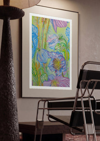 Sfumature blu by Maria Emanuela Fiori framed in a dim room beside a tubular steel chair