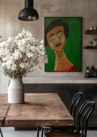 Sinthea by Ian Frederick Harris in a black frame above a rustic table with white flowers