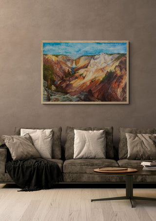 CanyonMagic by Eledina in an oak frame above a grey sofa with cushions
