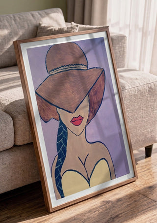 Shaded Allure by Bibi in a walnut frame leaning against a grey sofa