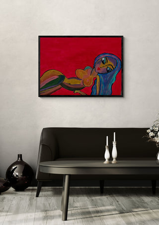 Crimson Reverie by Bibi in a black frame above a dark sofa with white candlesticks