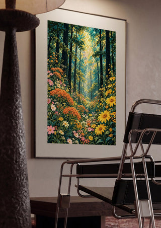Golden Forest Light by Yokohama framed in a dim room beside a tubular steel chair