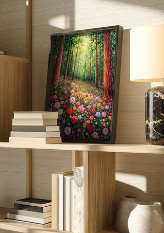 Rose Path in the Forest by Yokohama in a dark frame on a wooden shelf beside books and a lamp