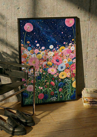 Starlit Flower Field by Yokohama in a black frame leaning against a concrete wall by a steel chair
