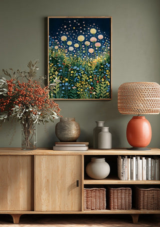 Meadow Under the Stars by Yokohama above a wooden sideboard on a sage green wall