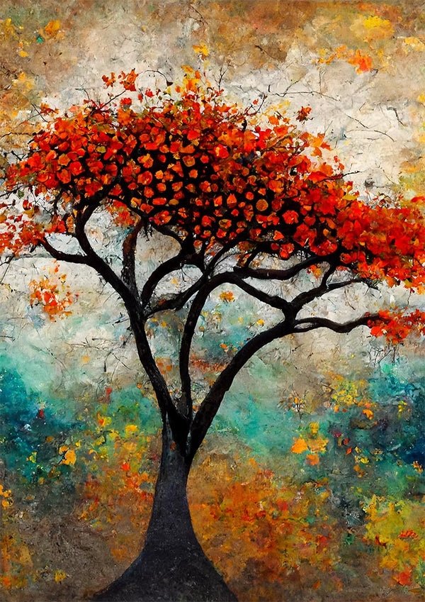 Abstract painting of a vibrant tree with red leaves, featured on the Tree of Life - Thomas Nordentoft product page.