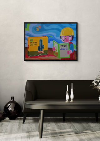 Psychotropic Bricks by Luigi Monti in a black frame above a dark sofa with white candlesticks
