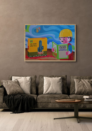 Psychotropic Bricks by Luigi Monti in an oak frame above a grey sofa with cushions