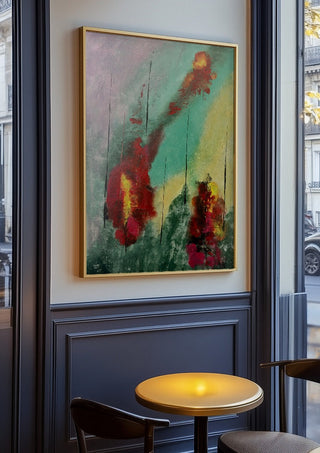 Smoke and Ember by Miguel Lemos in an oak frame on a panelled cafe wall
