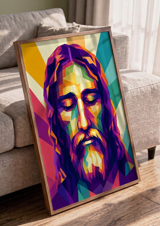 Jesus Face by nyai in a walnut frame leaning against a grey sofa
