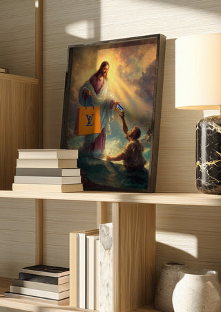 Divine Exchange by Dikhotomy in a dark frame on a wooden shelf beside books and a lamp