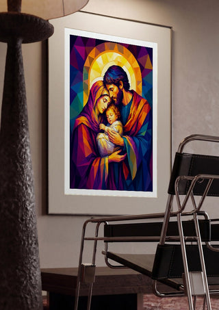 The Holy Family in Divine Light by nyai framed in a dim room beside a tubular steel chair