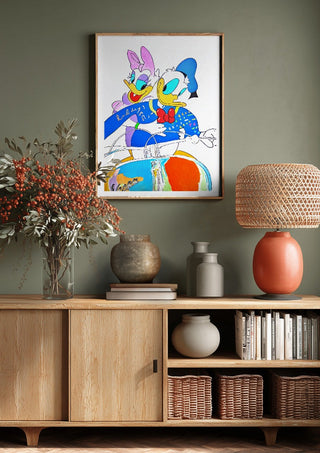 Vacanze Romane (Pop-surrealist take) by NKo above a wooden sideboard on a sage green wall