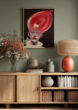 Thin Air by Ronny Simon above a wooden sideboard on a sage green wall