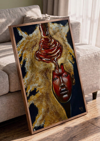Silent Protest by Ronny Simon in a walnut frame leaning against a grey sofa