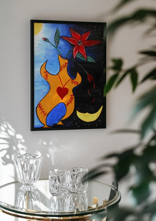 Human Vase by A Sleepy Spirit Art in a black frame above a glass table with crystal glassware