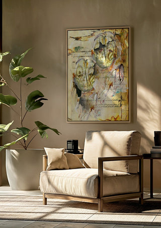 Dem jeg holder af by Henrik Kock framed above a beige armchair beside a potted plant