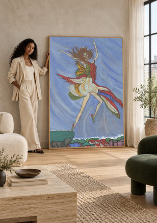 As soon as I can fly by A Sleepy Spirit Art leaning against a sunlit living room wall beside a woman