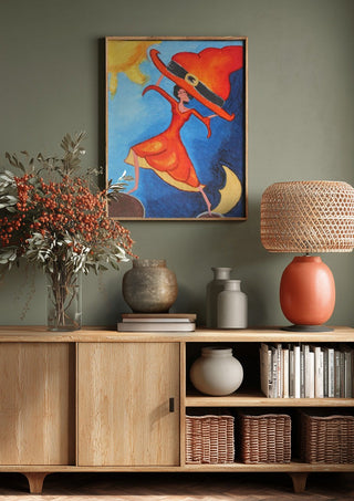 Balance Exercise by A Sleepy Spirit Art above a wooden sideboard on a sage green wall