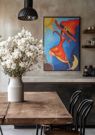 Balance Exercise by A Sleepy Spirit Art in a black frame above a rustic table with white flowers