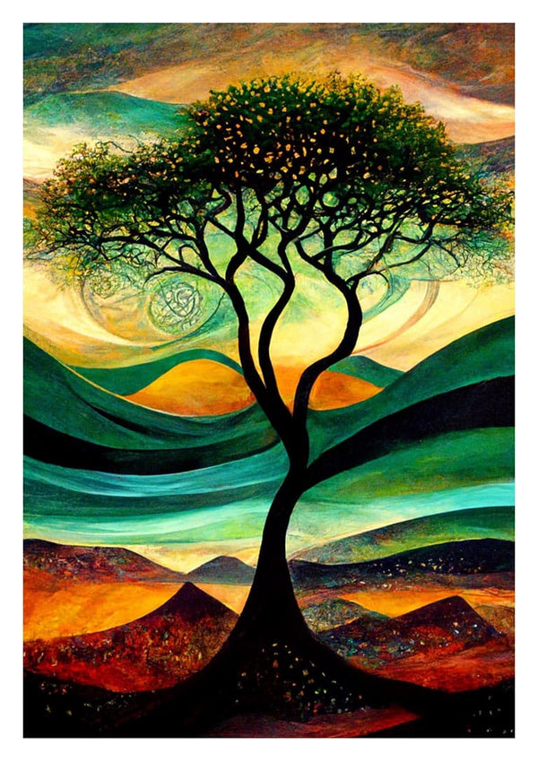 Abstract landscape with a tree and colorful hills, art by Thomas Nordentoft from Mountain View collection.
