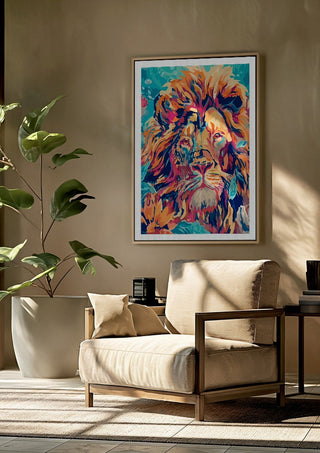 The Geometric King by Bibi framed above a beige armchair beside a potted plant