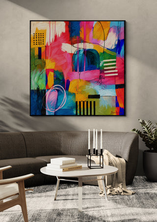 Jazz Puls II by Bondero in a black frame above a grey sofa with candlesticks