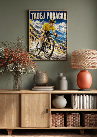 Tadej Pogacar by Danii Steinfeldt above a wooden sideboard on a sage green wall