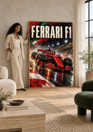 Ferrari F1 by Danii Steinfeldt leaning against a sunlit living room wall beside a woman