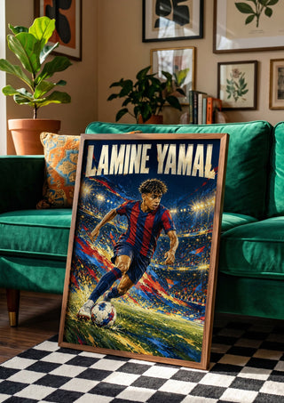 Lamine Yamal by Danii Steinfeldt in a wooden frame beside a green velvet sofa on a chequered floor