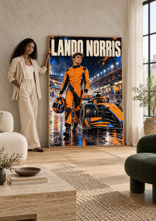 Lando Norris by Danii Steinfeldt leaning against a sunlit living room wall beside a woman