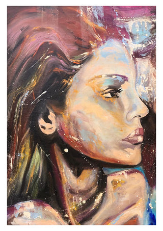 Colorful portrait painting of a woman gazing thoughtfully, featured on Dreaming of you by Martina Karlsson.