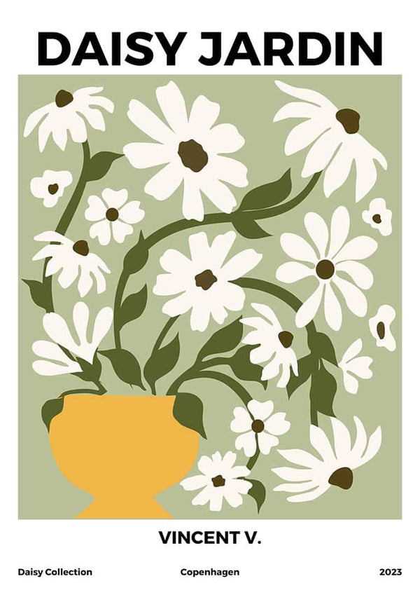 Illustration of white daisies in a yellow vase on a green background, titled Daisy Jardin No 1 by Vincent V.