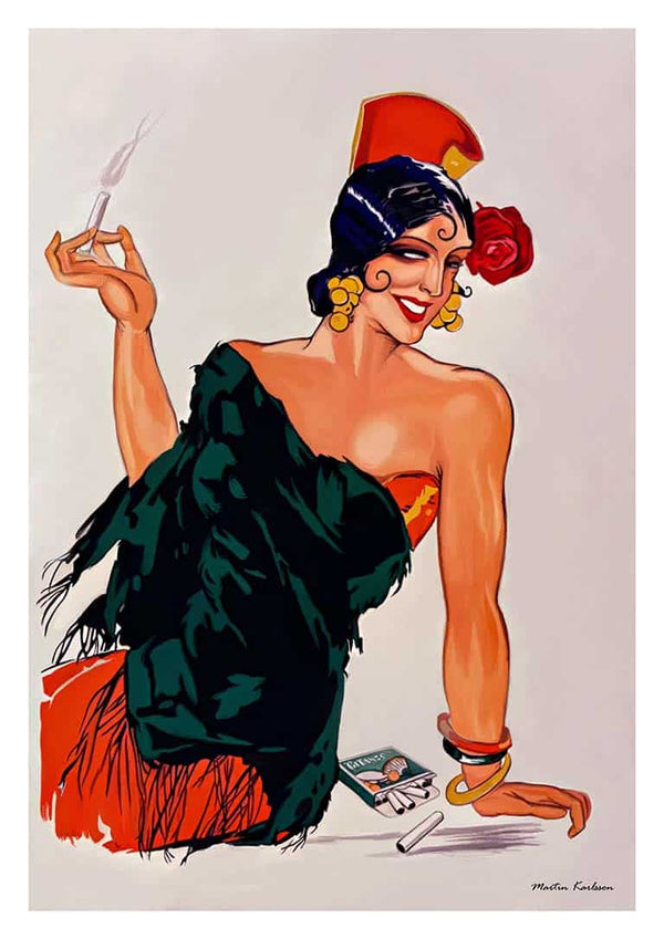 Illustration of a glamorous woman in Spanish attire holding a cigarette, from City Dreams by Martina Karlsson.