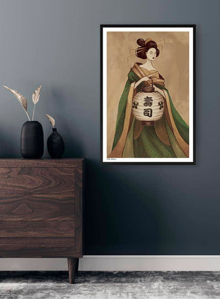 Framed "Geisha Dreams" by Kate Aitana displayed on a gray wall above a wooden dresser with minimalist decor.