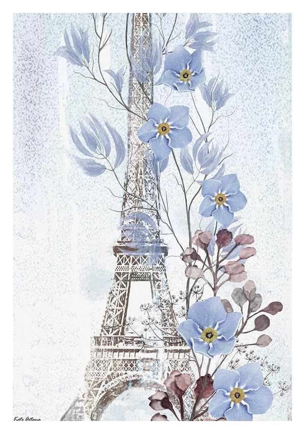 Art print of the Eiffel Tower with blue and purple flowers, inspired by Blue Paris - Kate Aitana.