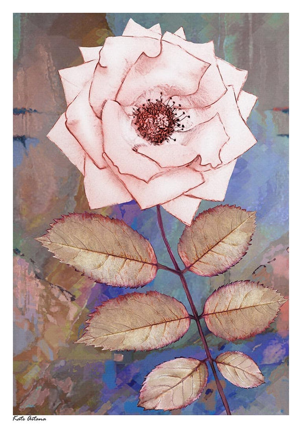 Artistic illustration of a single pink rose with leaves, featured on the Pink Rose - Kate Aitana product page.