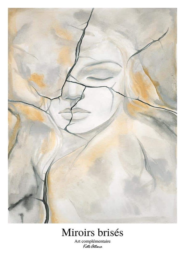 Abstract art of a woman's face fragmented like broken glass, cover for Broken Mirrors by Kate Aitana.