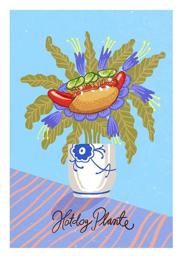 Illustration of a hotdog with toppings as the blossom of a plant in a vase, labeled "Hotdog Plante."
