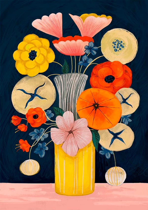 Colorful flowers arranged in a yellow vase, featured on the Feel The Flowers - David Wolf product page.