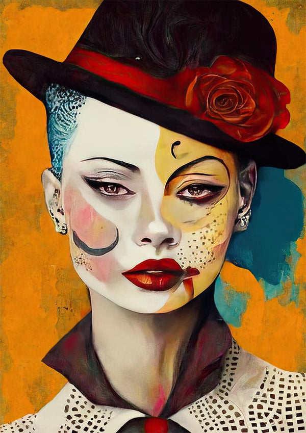 Colorful, artistic portrait of a woman in a hat with a red rose, featured on Story For Love - Tara Green product page.