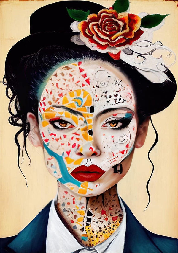 Surreal portrait of a woman in a suit and hat, face adorned with colorful mosaic patterns and a rose accessory.