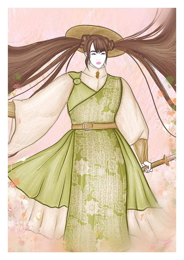 Illustration of Kate Aitana in a green kimono with long hair, holding a sword; floral background.