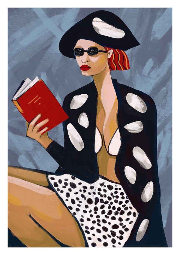 Stylized woman in sunglasses and polka dot outfit reading a red book, from "Red Book Thoughts" by Martina Karlsson.