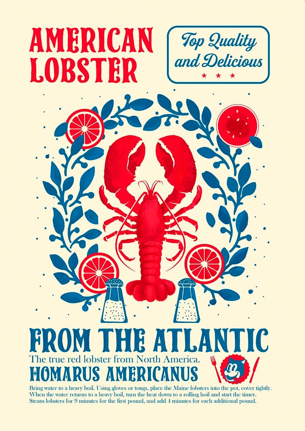Poster featuring an American lobster with text highlighting top quality Atlantic lobsters from Lobster Kitchen.