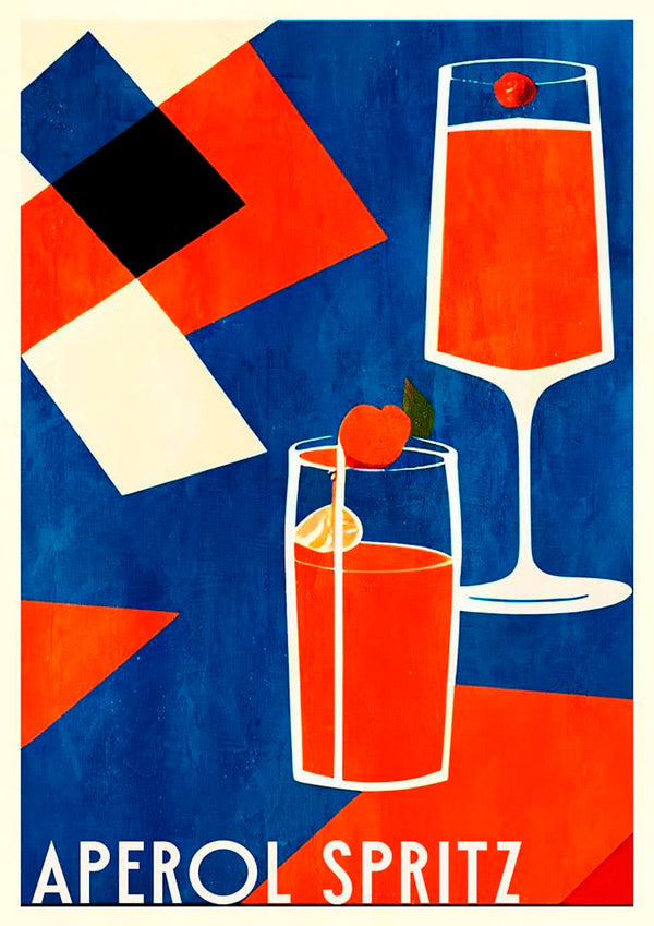 Two glasses of vibrant red Aperol Spritz cocktails with garnishes on a bold geometric background.