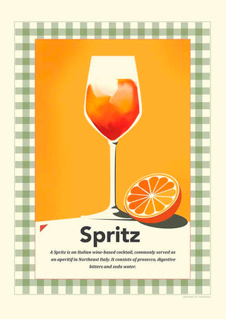 Retro print of a Spritz cocktail in a wine glass with an orange slice, on a checkered background.