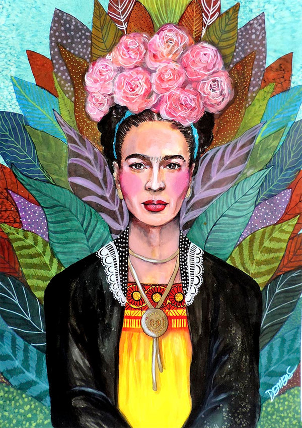 Colorful portrait of a woman with pink flowers in her hair, vibrant leaves in the background. Libertad by Sylvie Demers.