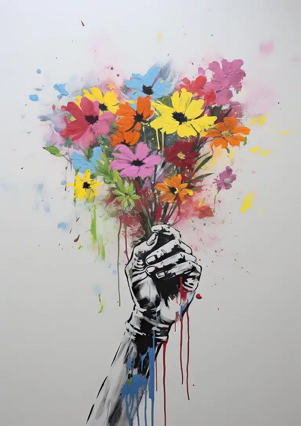A hand holds a colorful bouquet of flowers against a white background, inspired by Banksy’s "Flowers of Peace" poster.